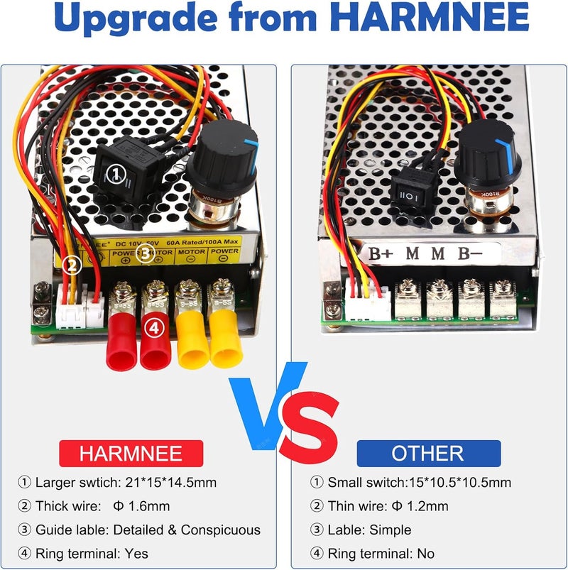 HARMNEE Industrial Grade PWM DC Motor Speed Controller, DC 10V-50V / Rated 60A / Max 100A Industrial Grade DC Brush Motor Controller with Fuse & CW/CCW Switch & Potentiometer Knob - Image 5